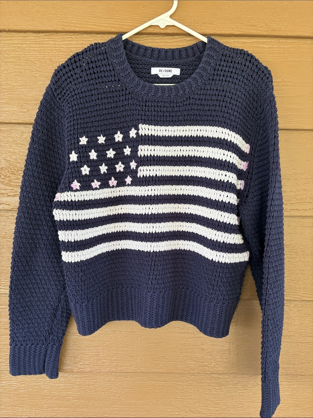 Re/Done Navy and White Flag Crewneck Perforated Cotton Sweater -Sz S